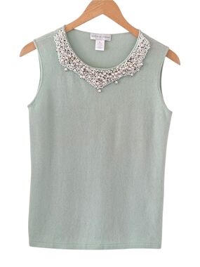 Vintage Garfield & Marks Cashmere Mint Green Beaded Sleveless Sweater Size Large
